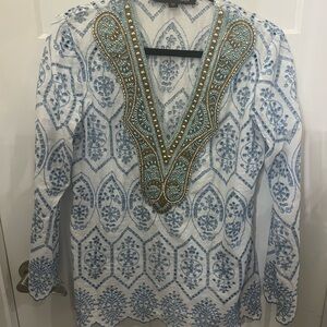 Boston Proper Blue and White Embellished Tunic